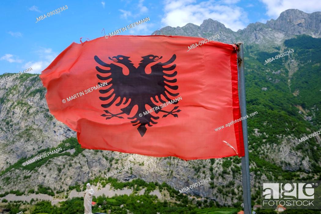 Stock Photo: Albanian flag, Kelmend region, Albanian Alps, Prokletije, Qark Shkodra, Albania.
