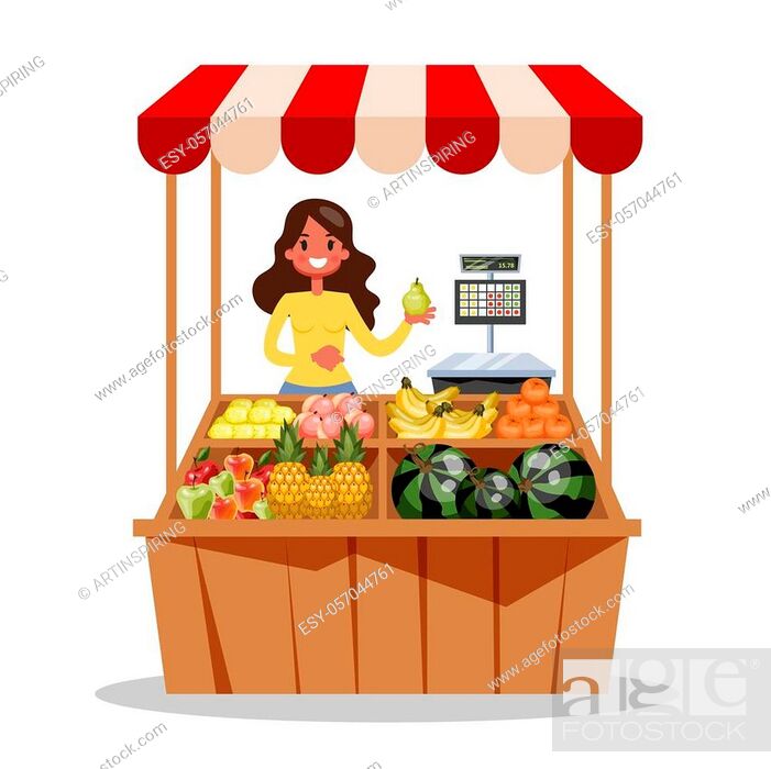 Happy farmer sell fresh organic harvest from farm. Fruit market concept,  Stock Vector, Vector And Low Budget Royalty Free Image. Pic. ESY-057044761  | agefotostock