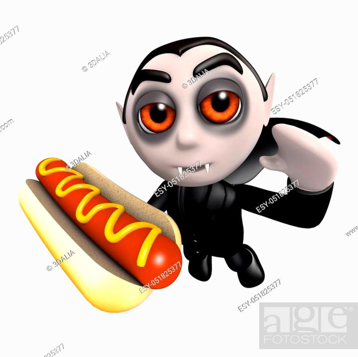 3d render of a funny cartoon Halloween dracula vampire character eating a  hot dog snack, Stock Photo, Picture And Low Budget Royalty Free Image. Pic.  ESY-051825377 | agefotostock