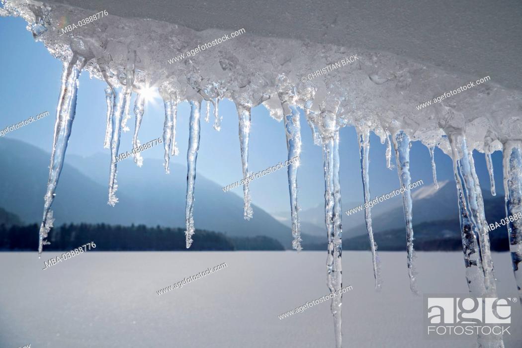 Stock Photo: Icicles at the Sylvenstein Dam in front of Karwendel mountains, Fall village near Lenggries, Upper Bavaria, Bavaria, Germany.