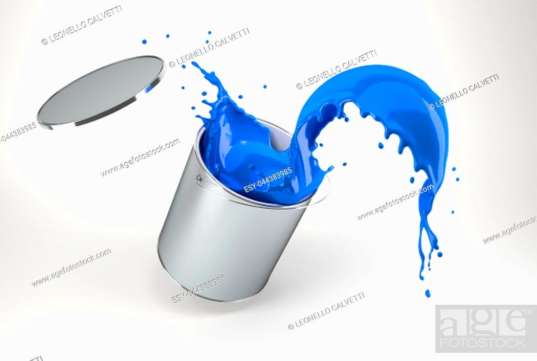 Stock Photo: silver bucket full of vibrant blue paint, jumping with paint splashing. Isolated on white background with drop shadow.
