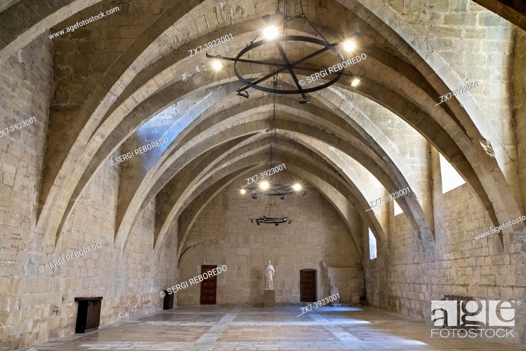 Stock Photo: Winery room in Royal Abbey of Monasteri de Santa Maria de Poblet, Conca de Barbera Tarragona Province, Catalonia, Spain. The Cistercian monastery was founded in.
