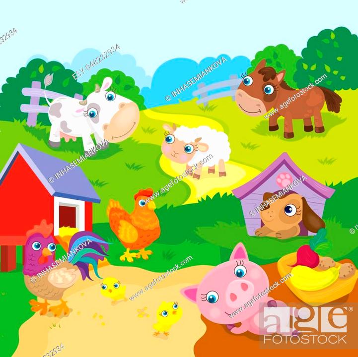 Vector illustration of farm animals - horse, sheep, cow, rooster, pig, dog  and hen and chicken, Stock Vector, Vector And Low Budget Royalty Free  Image. Pic. ESY-048232934 | agefotostock