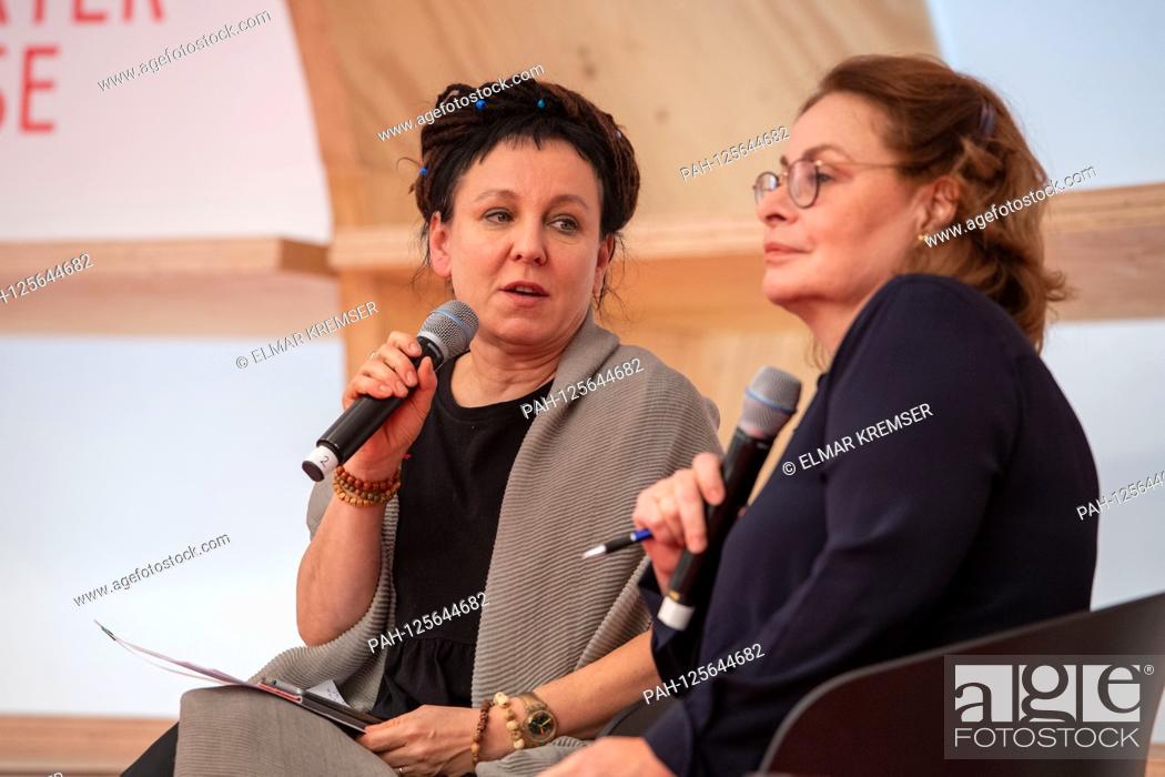 Stock Photo: Olga TOKARCZUK, left, Nobel Prize for Literature Reader 2018, with interpreter, translator, translator, half figure, half figure.