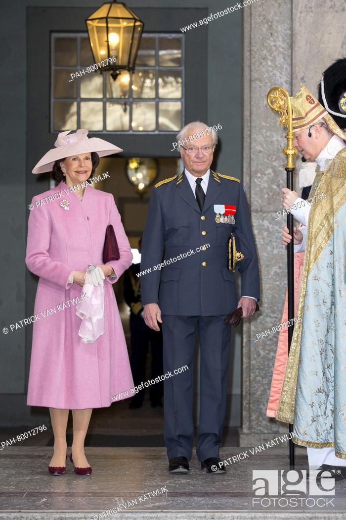 Stock Photo: King Carl Gustaf and Queen Silvia of Sweden attend the Te Deum mass at the royal chapel of the Royal Palace in Stockholm, Sweden, 30 April 2016.