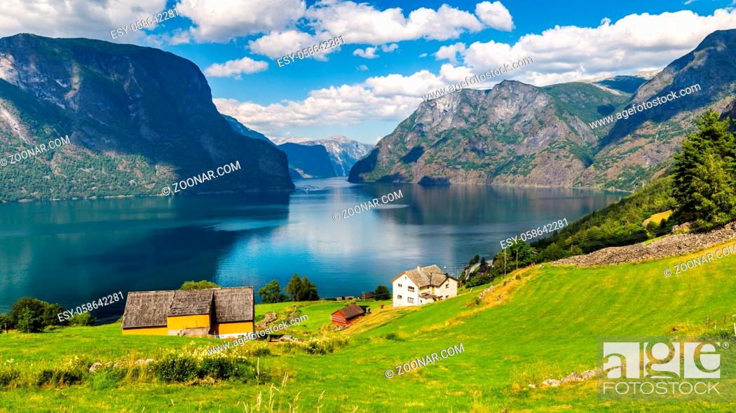 Stock Photo: View from viewpoint Stegastein on Aurlandsfjord in Aurland along the National Scenic route Aurlandsfjellet between Aurland and Laerdal in Norway.