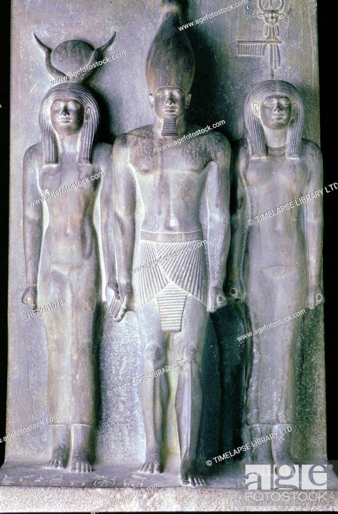 Stock Photo: Basalt statue of the Pharaoh Menkaure, Cairo Museum, Egypt. Menkaure (Mycerinus) was a Pharaoh of the 4th dynasty of Ancient Egypt.