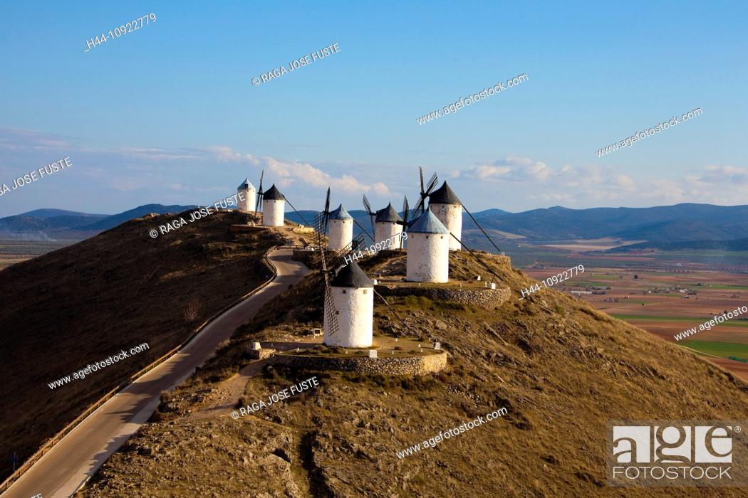 Stock Photo: Spain, Europe, Don Quijote, La Mancha, ancient, architecture, ecology, energy, hill, historic, road, romantic, skyline, sunset, touristic, tradition, windmills.
