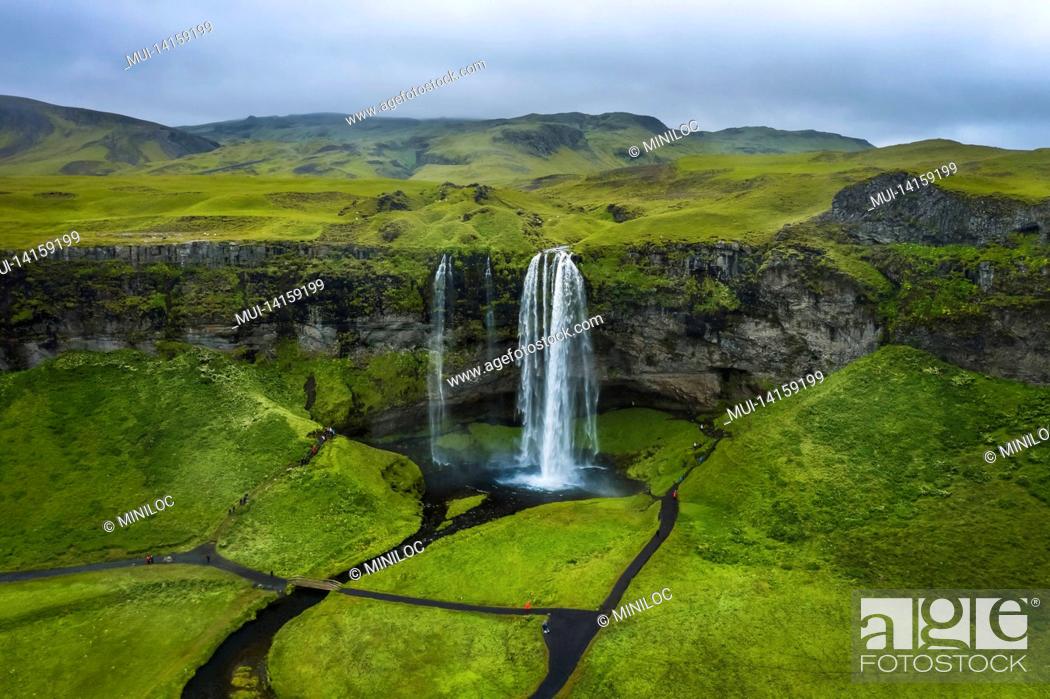 Stock Photo: aerial photo of most visited seljalandsfoss waterfall, iceland.