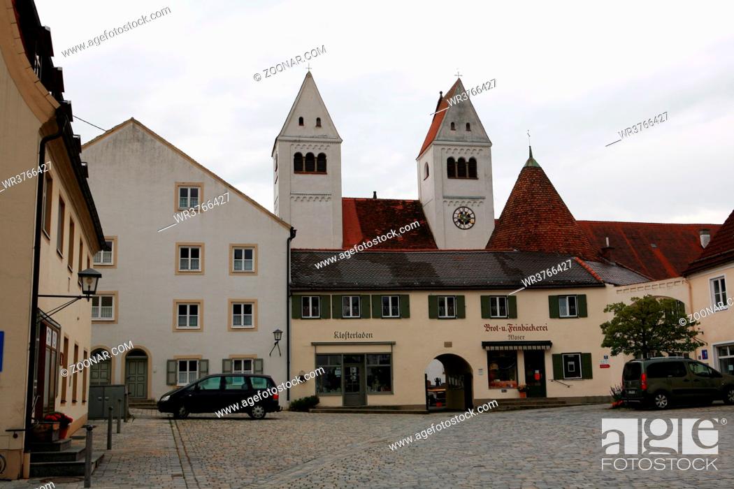 Stock Photo: Market Place, Church, Market, Markt, Cloister, Marktplatz, Allgäu, Munster, Minster, Steingaden, Kloster, Pfaffenwinkel, Klosterkirche
