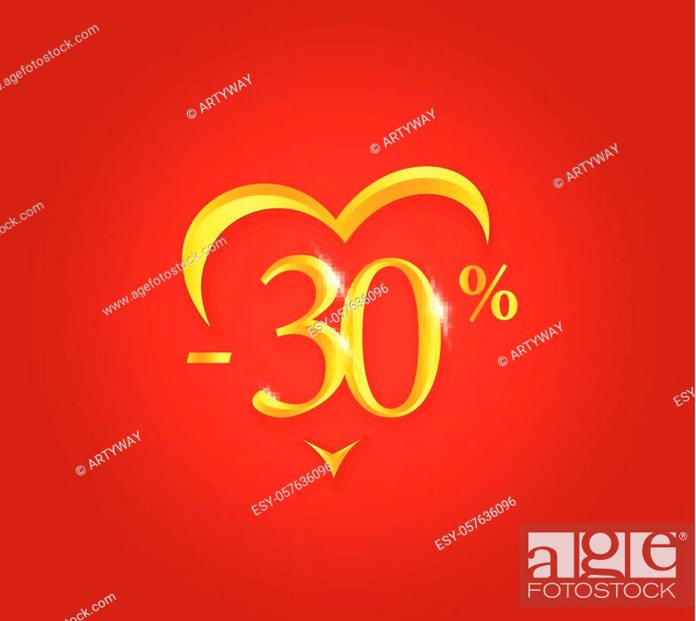 Stock Vector: Valentines Day Sale poster. Holiday Discount banner design. Premium sale Certificate template. Golden numbers with abstract heart shape.
