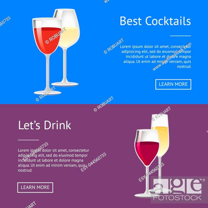 Stock Vector: Best cocktails lets drink red wine and champagne glasses set of posters with place for text, vector glassware with winery drinks web online push button.