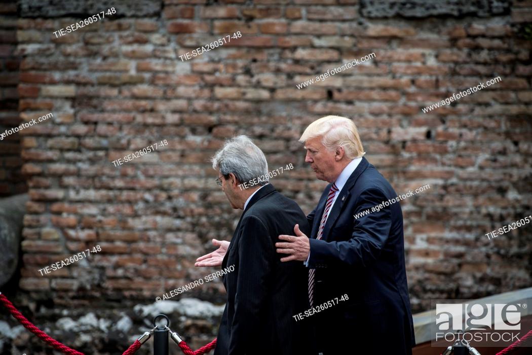 Stock Photo: The President of the Italian Council Paolo Gentiloni with USA president Donald Trump during the opening ceremony of Taormina G7, Taormina, Italy 26/05/2017.