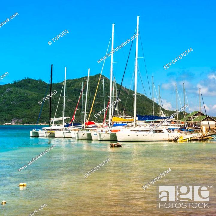 Stock Photo: Yachts Marina at Praslin island Seychelles. Square shot.