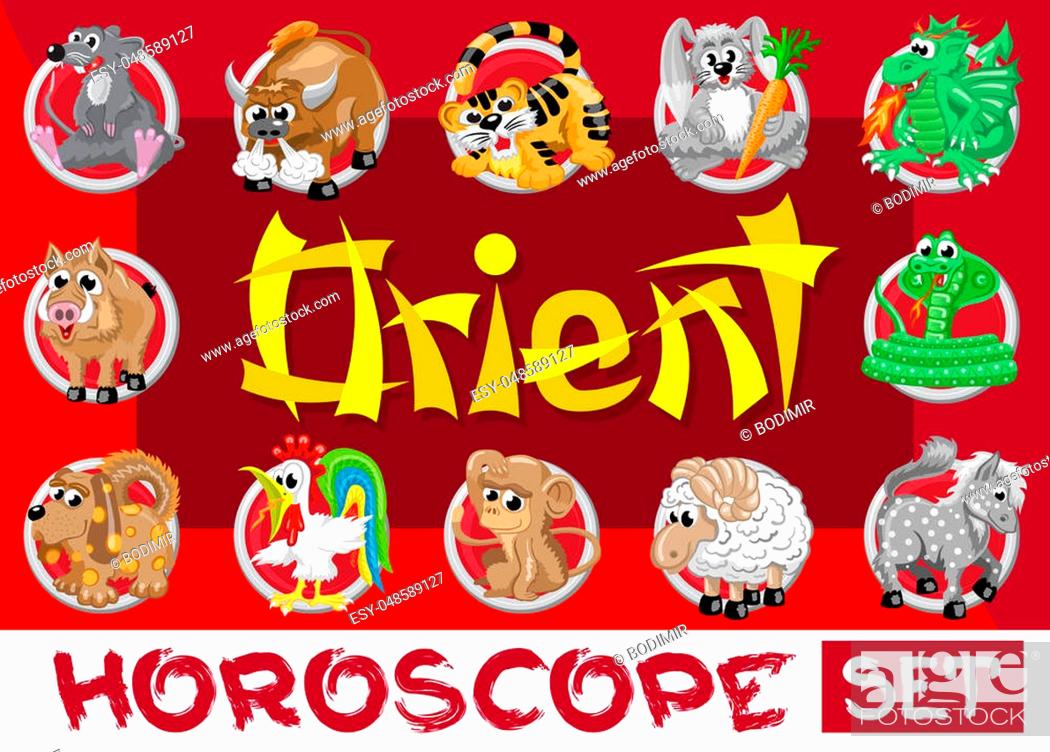 Orient horoscope set. Twelve chinese japanese zodiac signs in red circles  isolated, Stock Photo, Picture And Low Budget Royalty Free Image. Pic.  ESY-048589127 | agefotostock