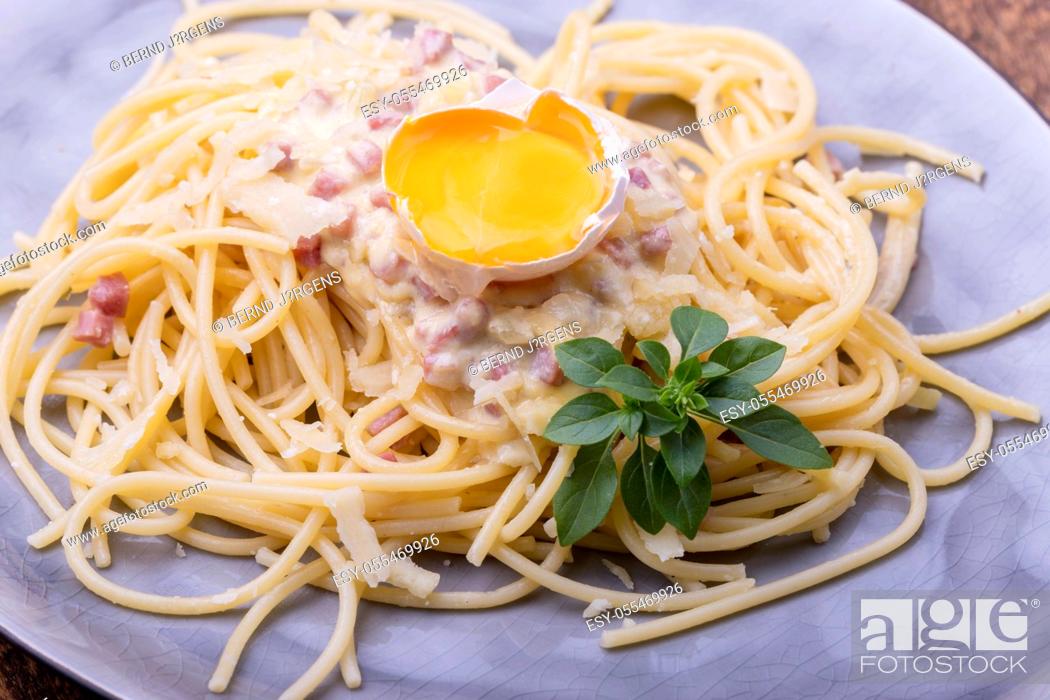Stock Photo: spaghetti, carbonara sauce.