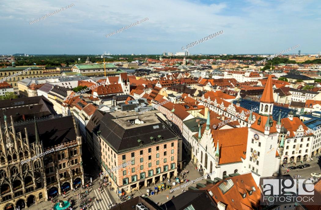 Stock Photo: Beautiful super wide-angle sunny aerial view of Munich, Bayern, Bavaria, Germany with skyline and scenery beyond the city, seen from the observation deck of St.