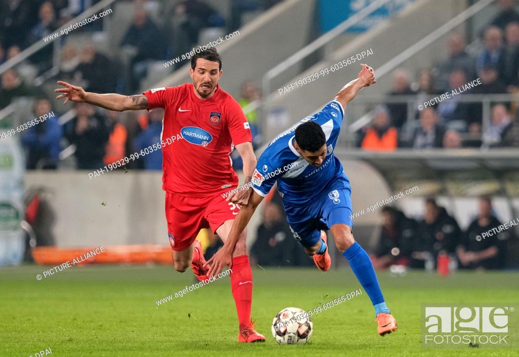 Stock Photo: 29 March 2019, Saxony-Anhalt, Magdeburg: Soccer: 2nd Bundesliga, 27th matchday, 1st FC Magdeburg - 1st FC Heidenheim in the MDCC-Arena in Magdeburg.
