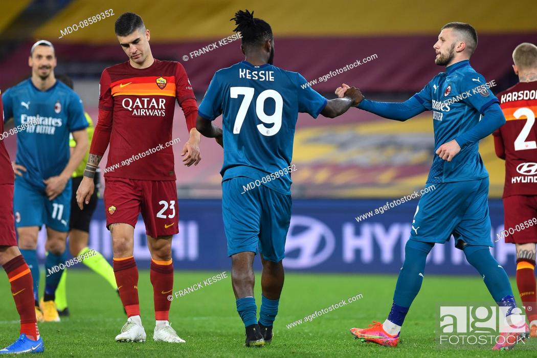 Stock Photo: Milan footballer Franck Kessie celebrating after score the goal during the match Roma-Milan in the Olympic stadium. Rome (Italy), February 28th, 2021.