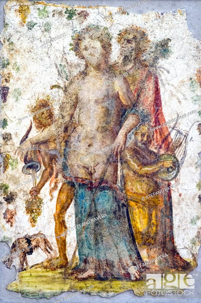 Stock Photo: Dionysus and a Maenad . the god assisted by a Maenad, a young Satyr and a Silenus with zither, from a rython pours the wine that is licked by the panther.