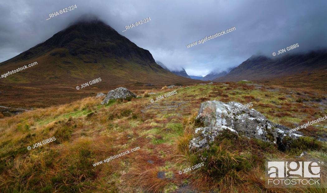 Stock Photo: Low cloud hangs over Glencoe, Argyll, Scotland, United Kingdom, Europe.
