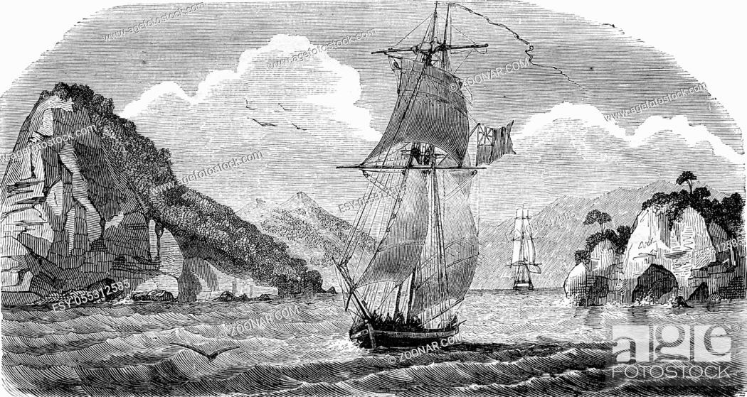 Stock Photo: New Zealand, Entry in the Bay Akaroa, vintage engraved illustration. Magasin Pittoresque 1843.