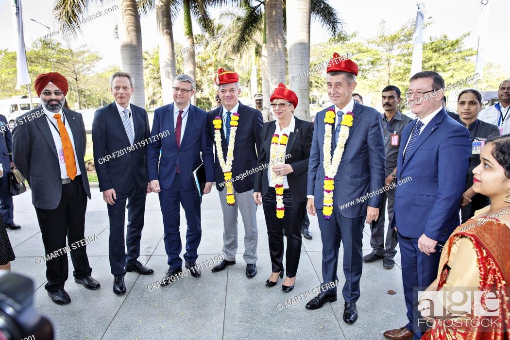Stock Photo: Traditional welcome ceremony of Czech Prime Minister Andrej Babis (second from right) and Czech Industry Minister Marta Novakova (third from right) in Pune.