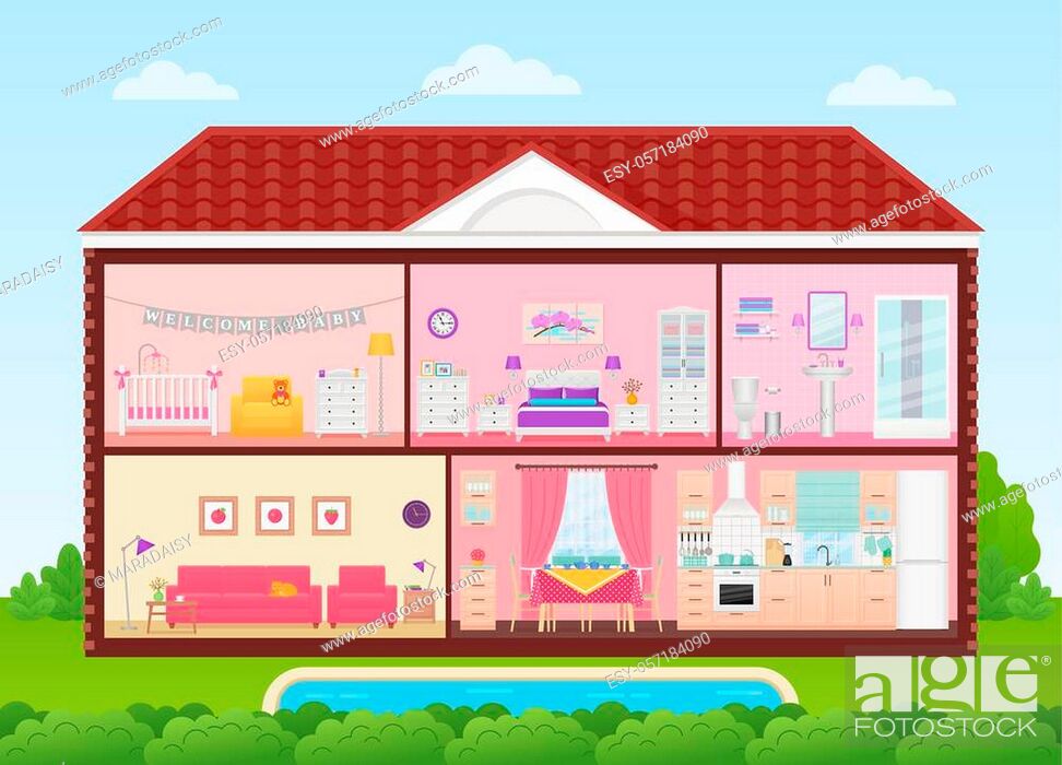 House cross section. Vector. Home inside with bedroom, living room,  kitchen, dining, bathroom, Stock Vector, Vector And Low Budget Royalty Free  Image. Pic. ESY-057184090 | agefotostock