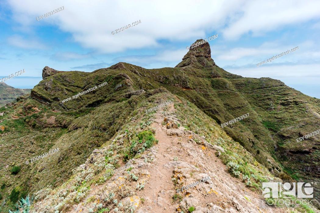 Stock Photo: Hiking trip in the Anaga Mountains near Taborno on Tenerife Island with a lot of wide views over the sea and the mountains.