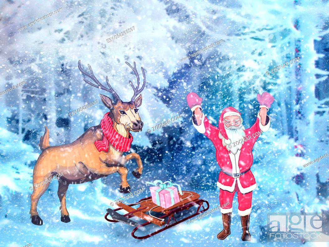 Stock Photo: Christmas motifs: in a snowy forest with Santa Claus, next to the deer and sleigh with gifts.
