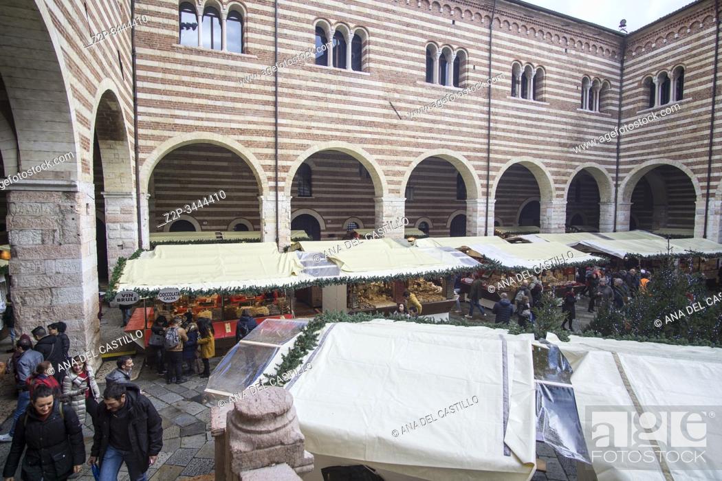 Stock Photo: Verona Veneto Italy on November 24, 2019: Christmas market at Palazzo della Ragione.