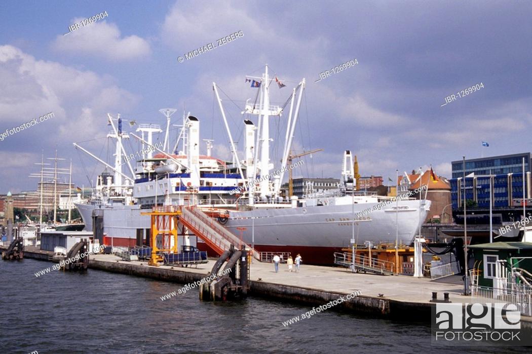 Stock Photo: Cargo ship Cap San Diego, now a museum ship at the overseas bridge, Niederhafen, Port of Hamburg on the Elbe River, Hanseatic City of Hamburg, Germany, Europe.