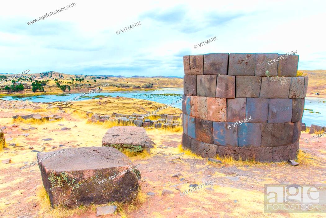 Stock Photo: Funerary towers in Sillustani, Peru, South America- Inca prehistoric ruins near Puno, Titicaca lake area.