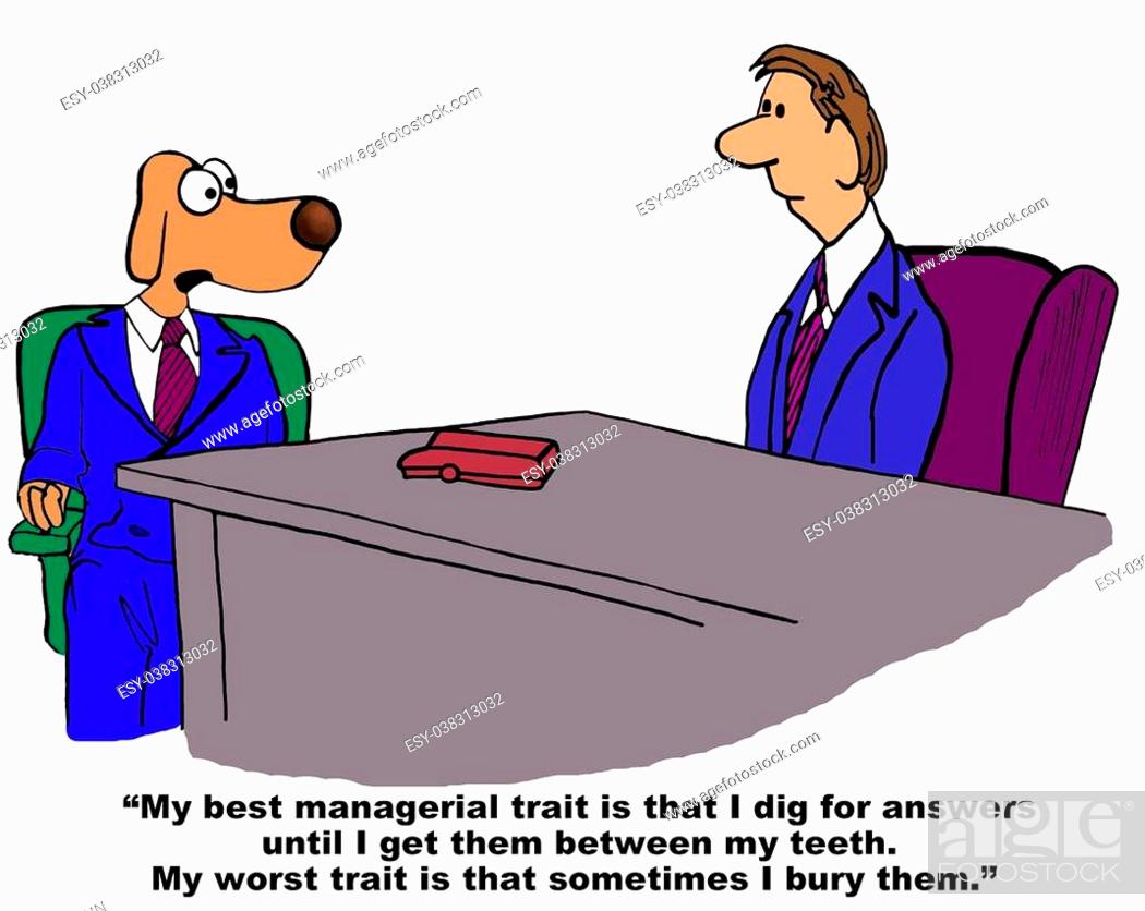 Business cartoon of business dog answering a question in a job interview,  Stock Photo, Picture And Low Budget Royalty Free Image. Pic. ESY-038313032  | agefotostock