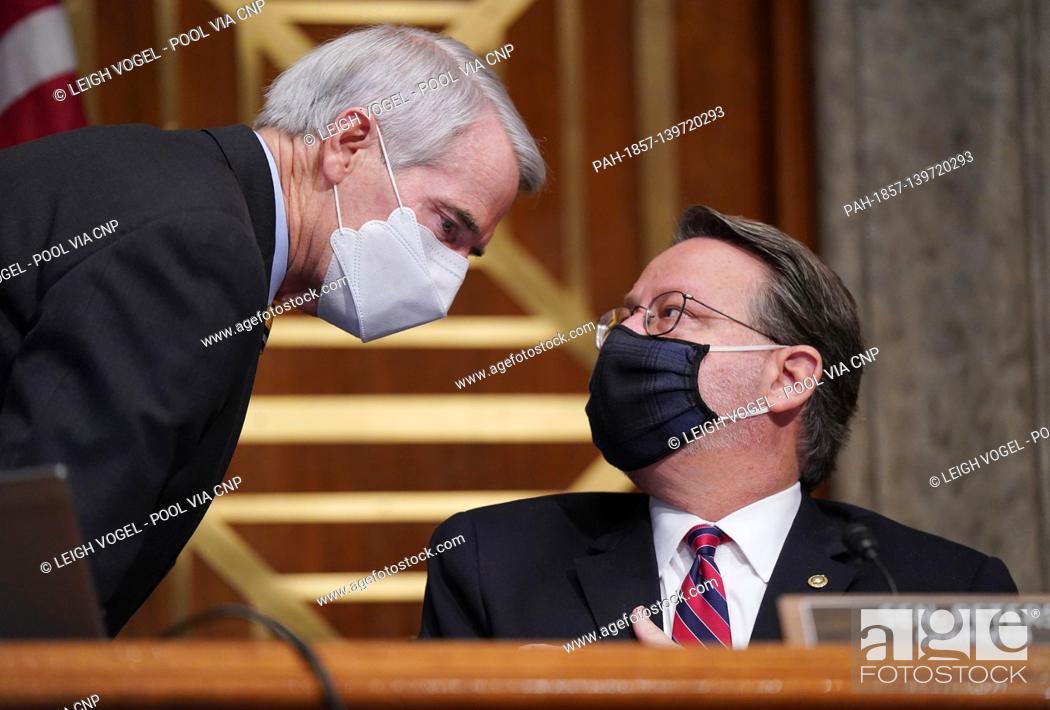 Stock Photo: United States Senator Gary Peters (Democrat of Michigan), Chairman, US Senate Committee on Homeland Security and Government Affairs, right.