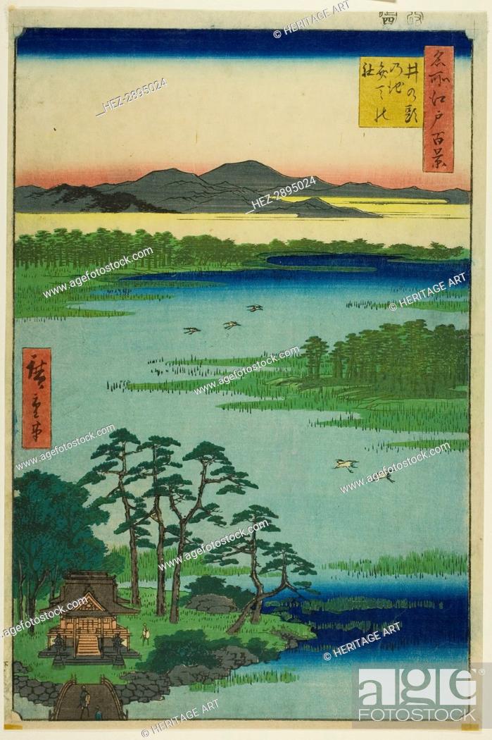 Stock Photo: Benten Shrine and Inokashira Pond (Inokashira no ike Benten no yashiro), from the series.., 1856. Creator: Ando Hiroshige.