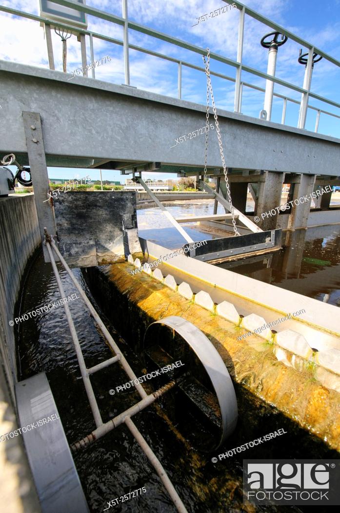 Stock Photo: Sewerage treatment facility. The treated water is then used for irrigation and agricultural use. Photographed near Hadera, Israel.
