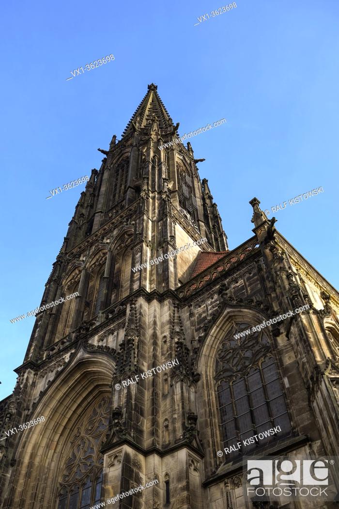 Stock Photo: St. Lambert's Church, Muenster, Germany, steeple with cages of Muenster rebellion, famous ancient gothic church, tourist destination, Europe.
