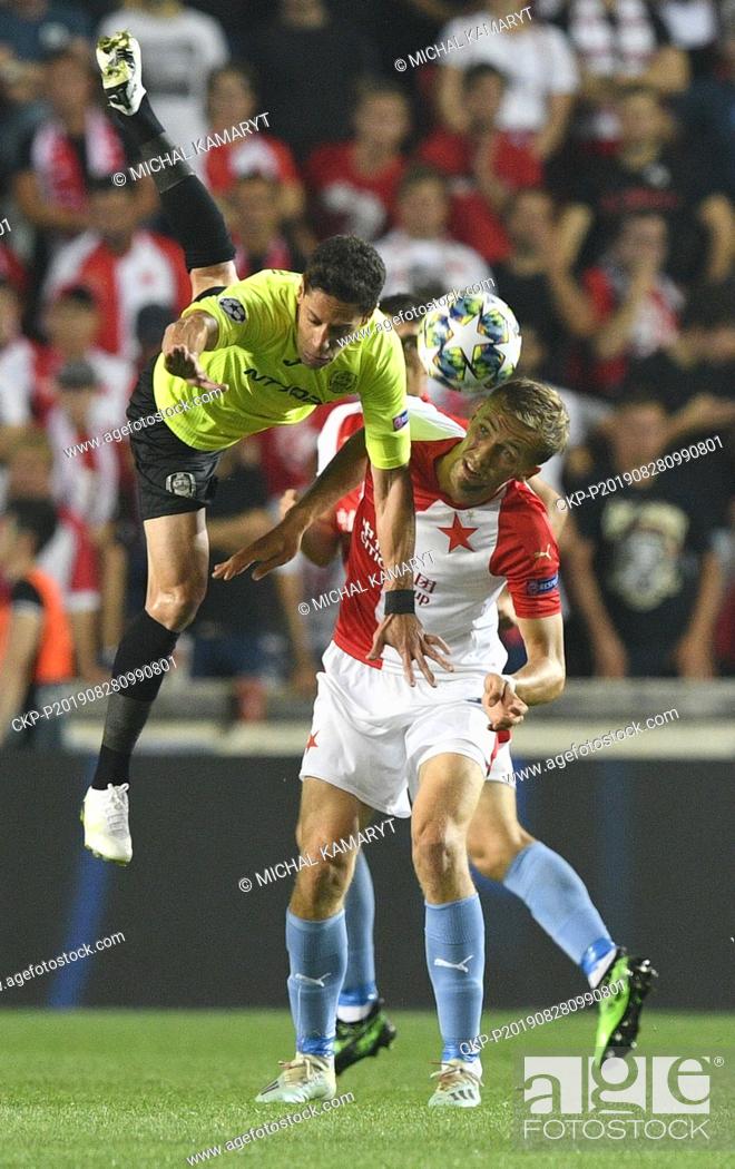 Stock Photo: From left MARIO RONDON of CFR and TOMAS SOUCEK of Slavia in action during the Football Champions' League 4th qualifying round return match: Slavia Prague vs.