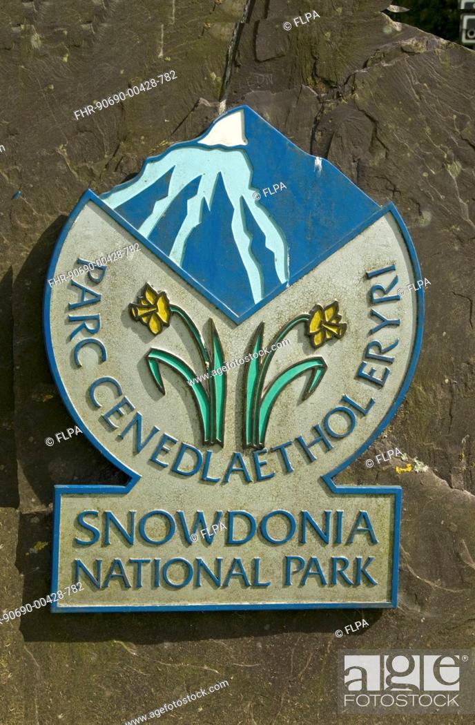 Stock Photo: Snowdonia National Park - Parc Cenedlaethol Eryri bilingual sign, Llanberis, Snowdonia N P , Gwynedd, Wales, june.