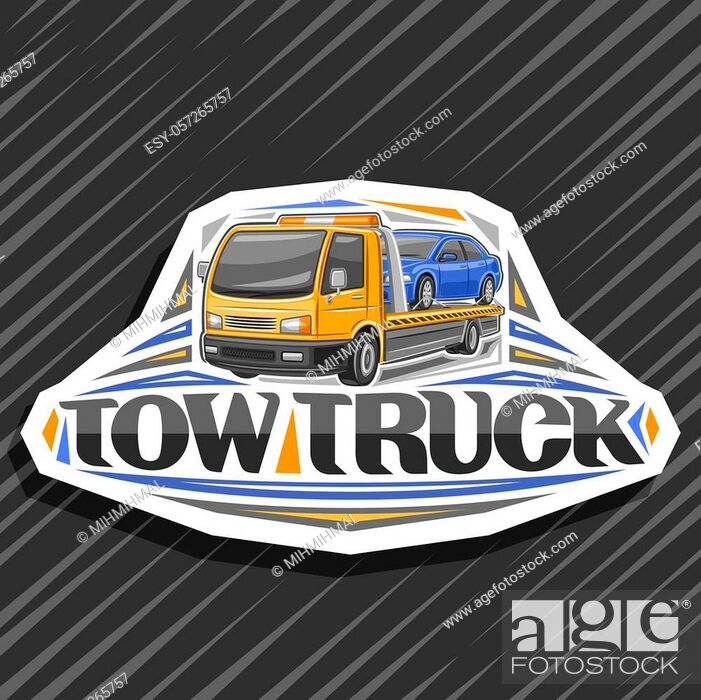 Stock Vector: Vector logo for Tow Truck, decorative cut paper badge with cartoon evacuator transportation fixed car with orange alarm lights and original lettering for words.