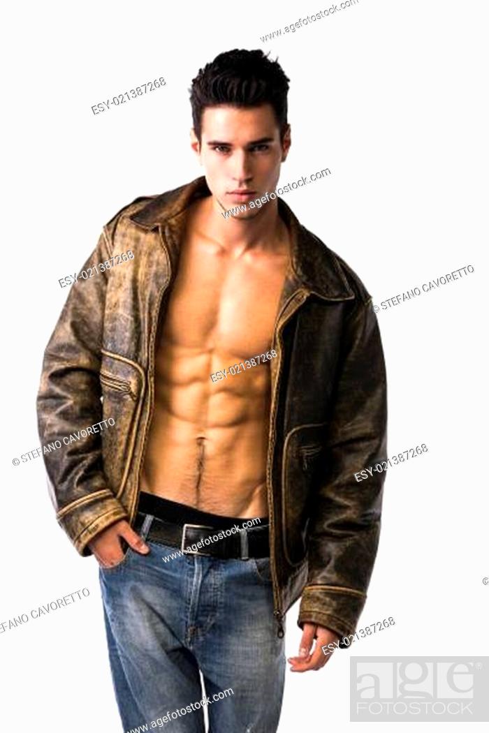 Handsome young man wearing leather jacket on naked torso, Stock Photo,  Picture And Low Budget Royalty Free Image. Pic. ESY-021387268 | agefotostock