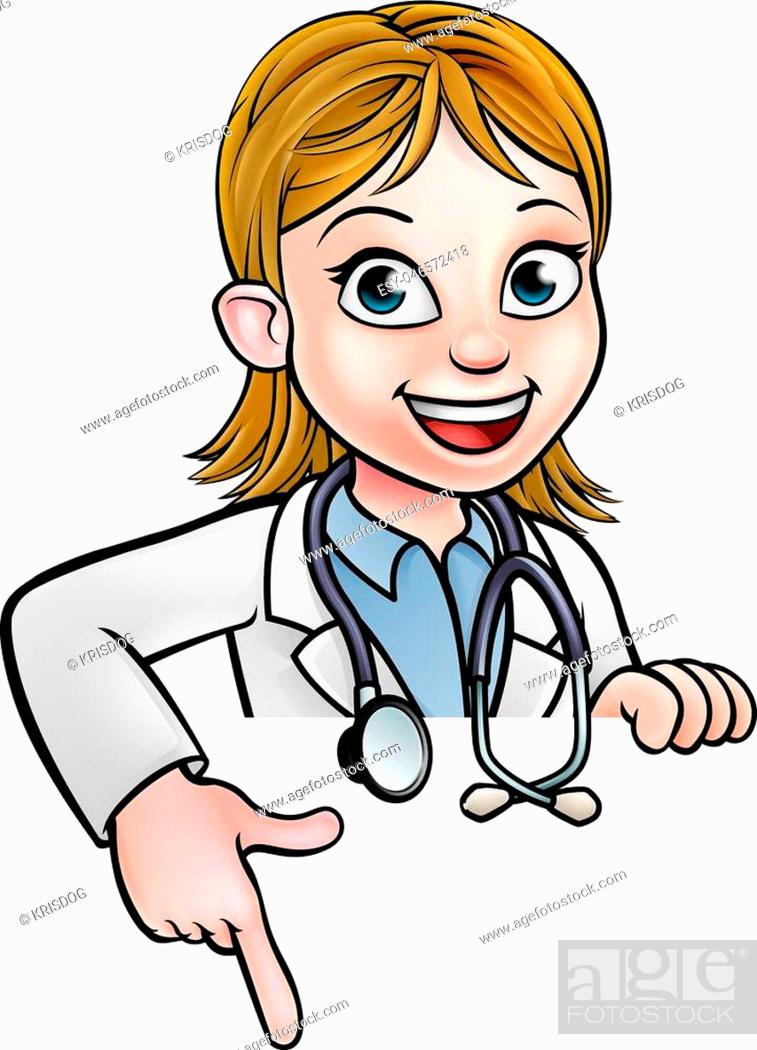 A cartoon woman doctor wearing lab white coat with stethoscope peeking  above sign and pointing at it, Stock Vector, Vector And Low Budget Royalty  Free Image. Pic. ESY-046572418 | agefotostock