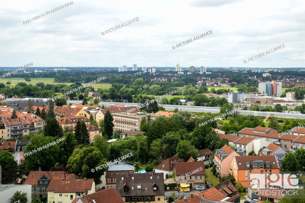 Stock Photo: 11 June 2019, Bavaria, Erlangen: Overview of the city (southwest view). Photo: Daniel Karmann/dpa. - Erlangen/Bavaria/Germany.