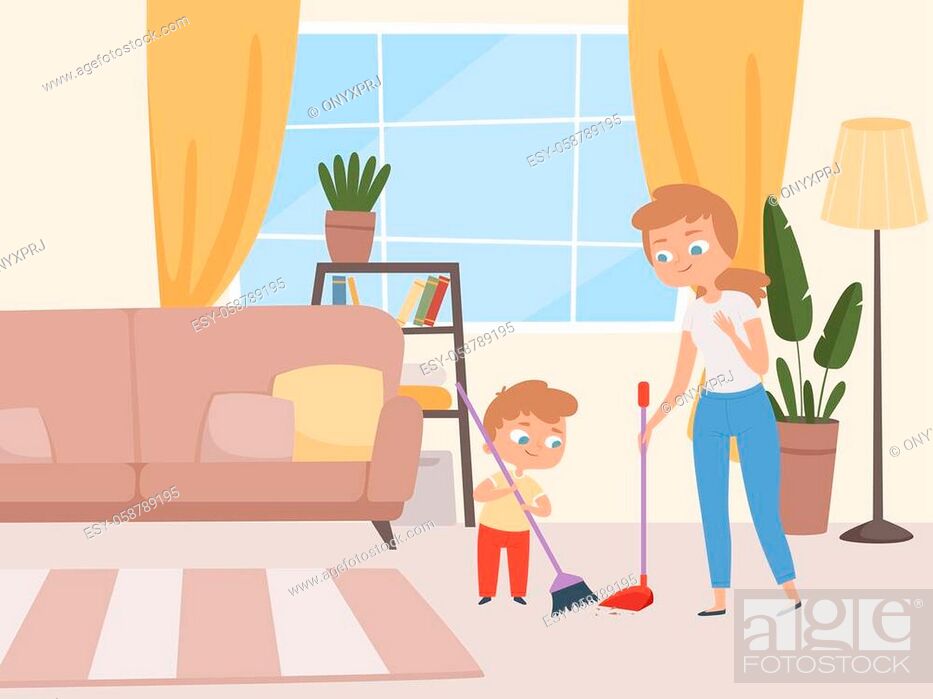 Housework children help. Kids washing living room with parents cleaning  house with father and mother..., Stock Vector, Vector And Low Budget  Royalty Free Image. Pic. ESY-058789195 | agefotostock