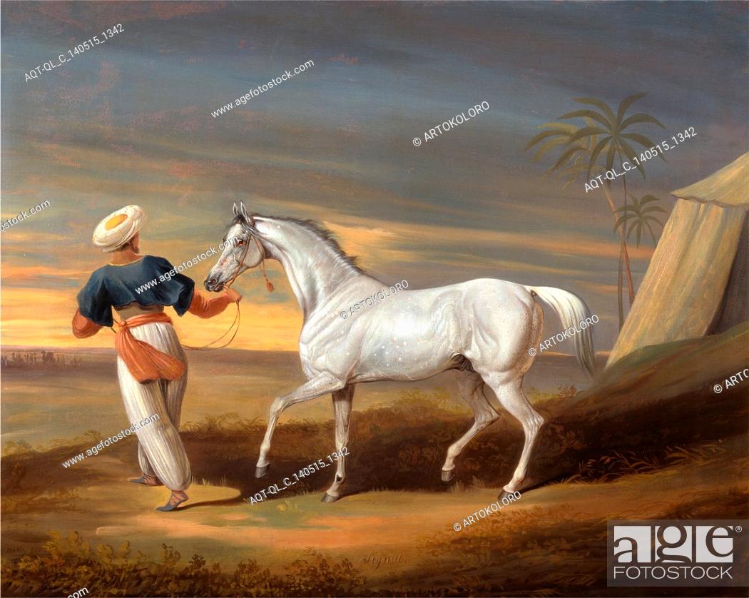 Stock Photo: Signal, a Grey Arab, with a Groom in the Desert Inscribed in paint, lower center: ""Signal."" Signed and dated in brown paint, lower left: ""D. Dalby.
