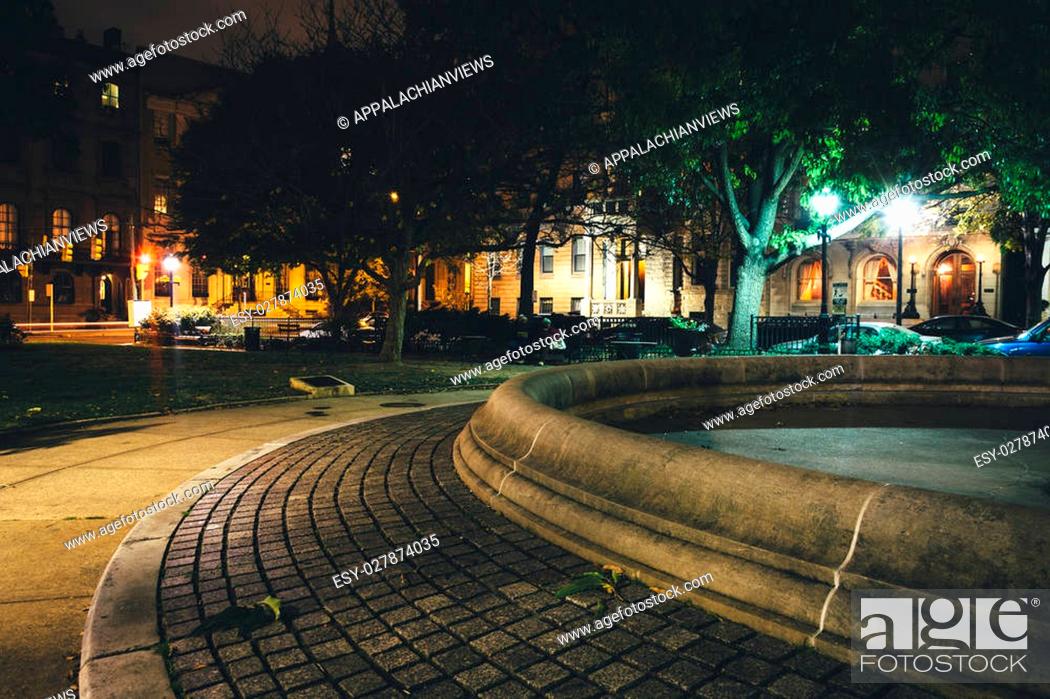 Stock Photo: Small park in Mount Vernon at night, in Baltimore, Maryland.