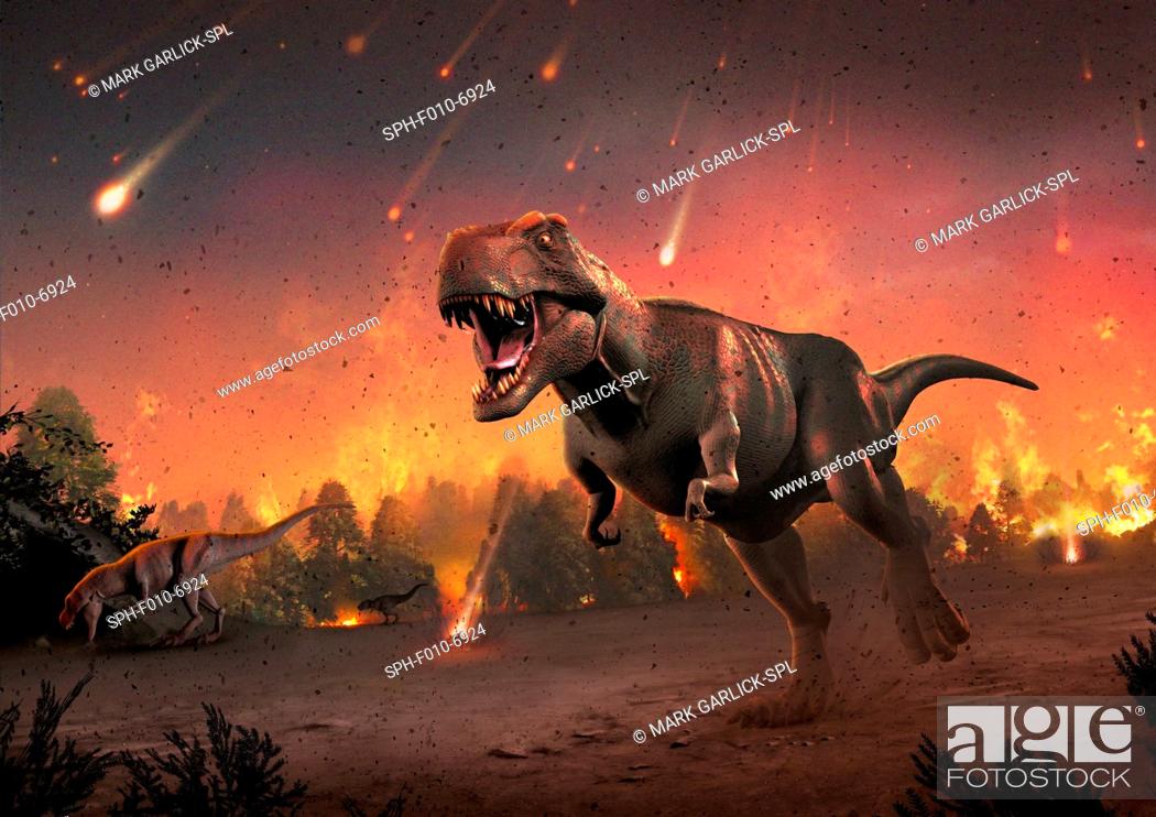 Stock Photo: Artwork of tyrannosaurs fleeing a hail of impact ejecta. Some 65 million years ago, the impact of an asteroid or comet with the Earth provoked one of.