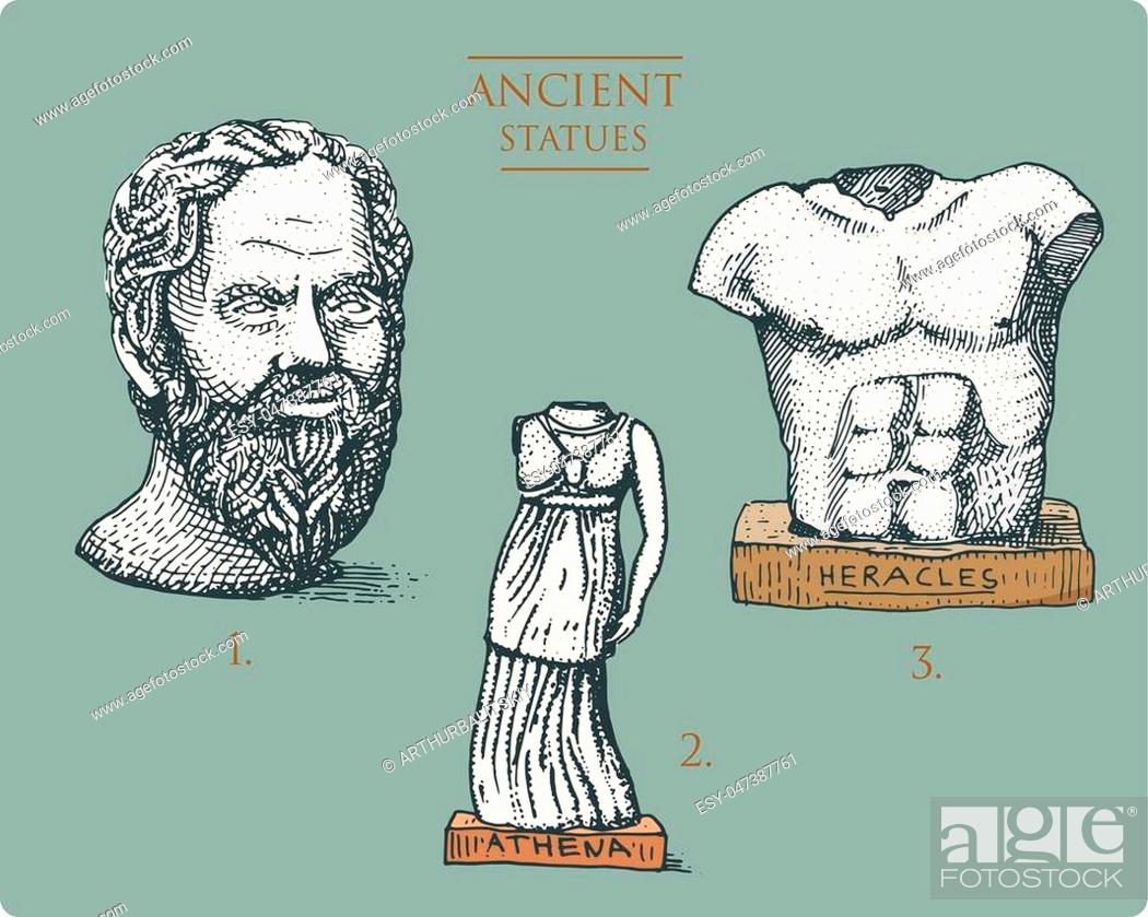 ancient Greece, antique sculptures of athena, socratus and hercules,  heracles vintage, Stock Vector, Vector And Low Budget Royalty Free Image.  Pic. ESY-047387761 | agefotostock