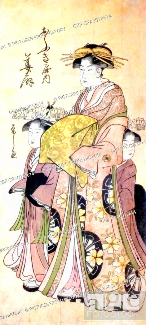 Stock Photo: Japan: A rare woodblock print showing the oiran Hanaogi with her two kamuro from the House of Ogi. Hosoda Eishi (1756-1829).